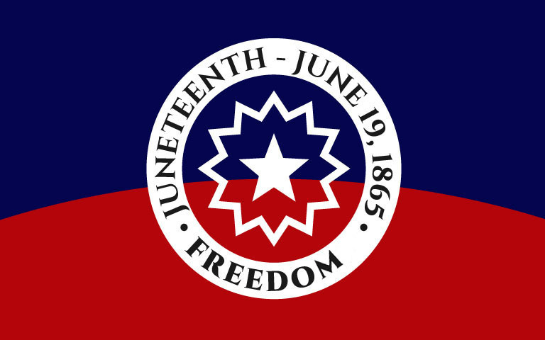 Juneteenth symbol with a red and blue field behind the symbol