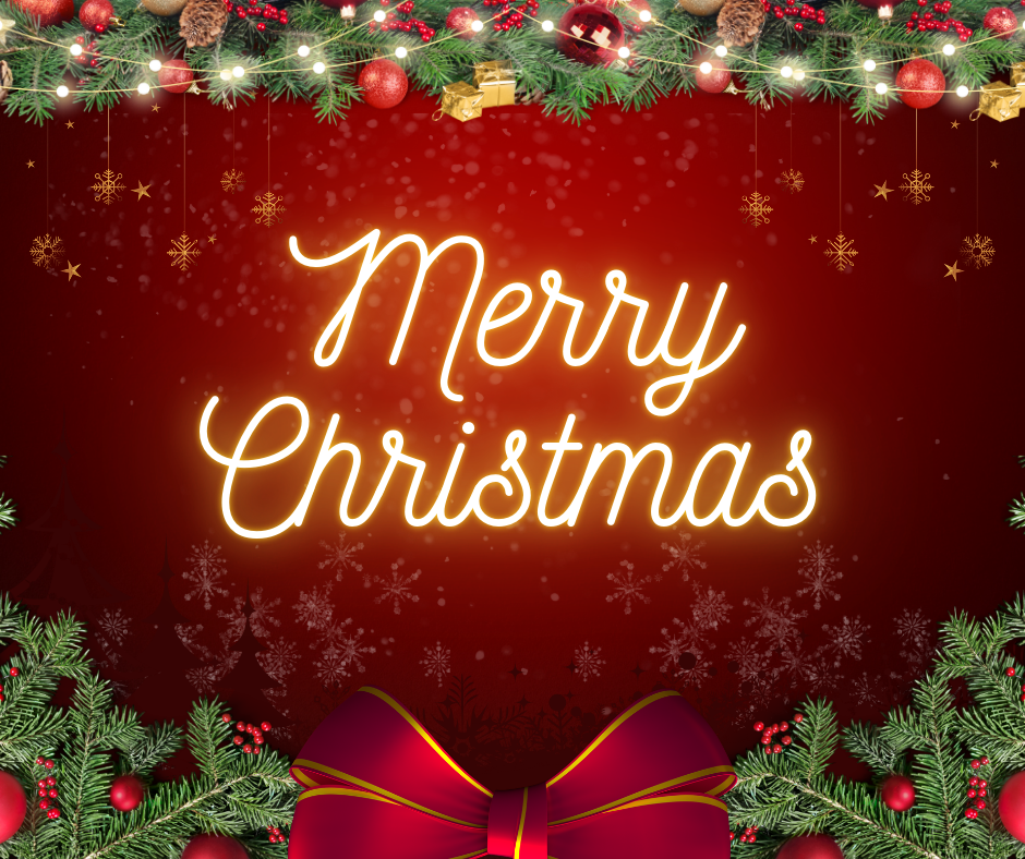 Christmassy Merry Christmas greeting with red bows, snowflakes, and fir branches